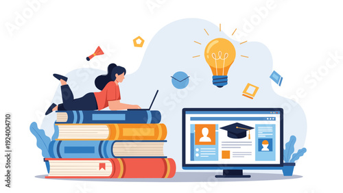 Dedicated female student lying on a stack of books while using a laptop to pursue online education and bright creative ideas.