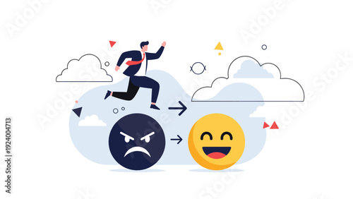Determined businessman jumping from a dark sad emoji to a bright happy one to show positive mental health transformation and joy.