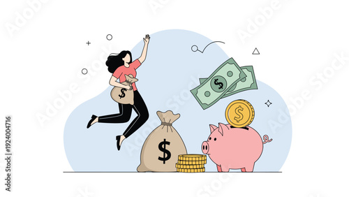Joyful woman jumping in the air while holding bags of money to celebrate financial success and significant wealth accumulation.