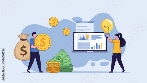 Creative team working together to generate value through content marketing by combining digital ideas with financial investment goals.