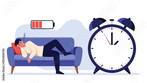 Exhausted man lying on a blue sofa with a low battery symbol above him next to a massive alarm clock indicating sleep deprivation.