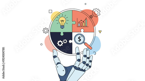 Advanced robotic hand holding a circular puzzle containing icons for ideas, finance, and mechanics representing smart automation.