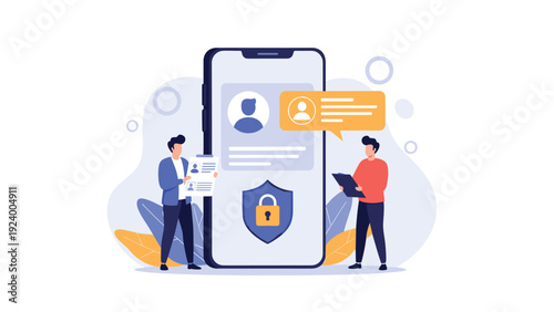 People stand by giant smartphone screen featuring user profile and shield lock icon to represent digital data protection.