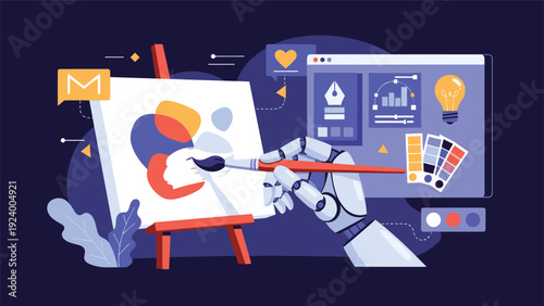 Robotic arm uses paintbrush to create artwork on canvas while computer monitor displays graphic design elements and colors.