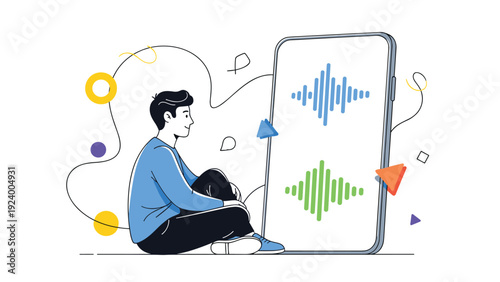 Young man sits on floor leaning against giant smartphone with audio wave patterns representing podcast or music listening.