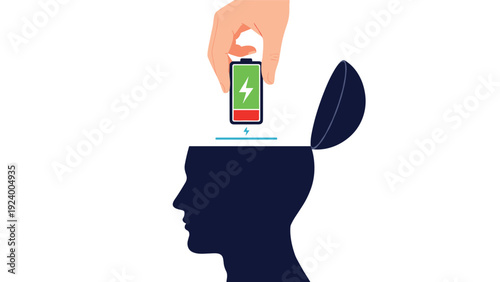 Human hand inserting a glowing green battery into a silhouette of a human head for mental recharge and energy.