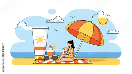 Woman enjoying a sunny day at the beach with giant sunscreen and a colorful umbrella for skin protection awareness.