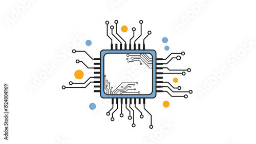 Blue computer processor chip with intricate circuit lines and colorful data points symbolizing modern technology.
