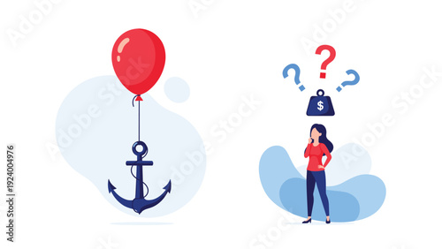 Woman confused by question marks and financial weights while a red balloon is tied down by a heavy steel anchor.