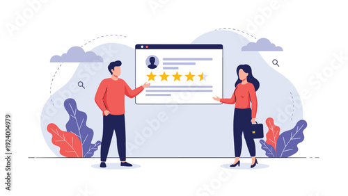 Man and woman showcasing a large digital rating card with five stars for excellent customer service feedback.