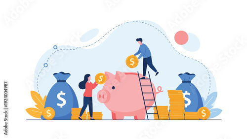 Man and woman adding coins into a large pink piggy bank surrounded by money bags for long term financial planning.