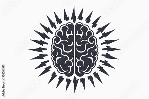 A stylized human brain appears surrounded by lightning bolts in this image
