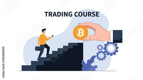 Ambitious man climbing steps toward a hand holding a bitcoin for a trading course advertisement or financial goal.