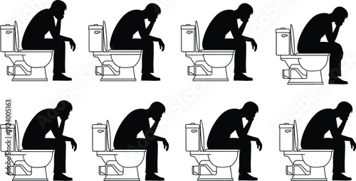 Man sitting on toilet silhouette collection, bathroom depression concept isolated on white background, black shadow figure set