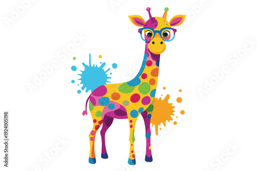 Colorful artistic giraffe in with eyeglasses colorful paint splatters on white background sate 