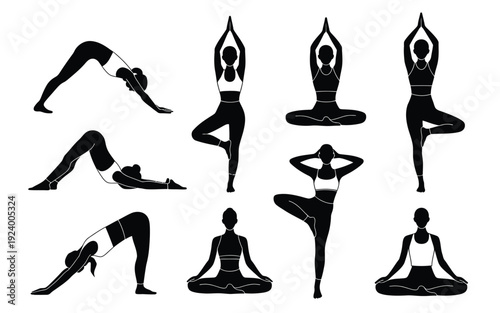 Various yoga poses for flexibility and mindfulness practice in black silhouette on white background