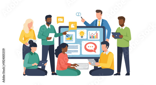 Diverse Business Team Collaborating Digitally on Project Strategy and Innovation