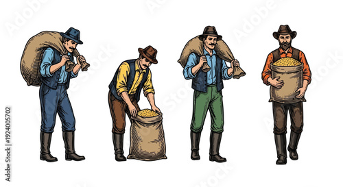 Vintage illustration of four laborers carrying or tending to grain sacks