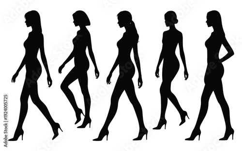 Five silhouettes of women walking in high heels on white background