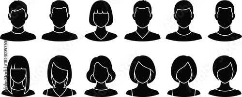 User avatar silhouette collection, male and female profile icons isolated on white background, black default portrait set