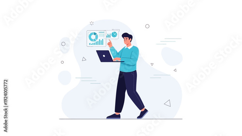 Man analyzing data on laptop with charts and graphs, business analytics concept