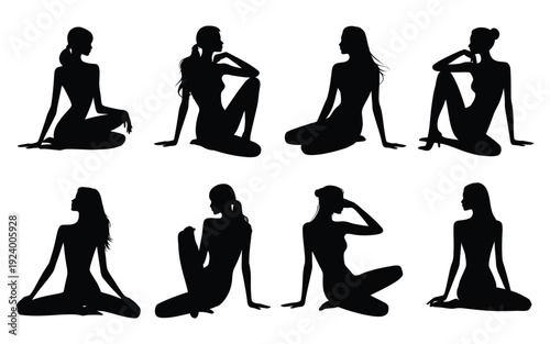 Set of black silhouettes of women in various sitting poses isolated on white background for design and illustration