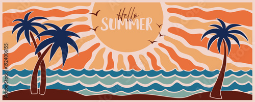 Hello Summer. Sunny horizontal banner with palm tree beach, sun and sea. Groovy retro background in naive style. Hippie Aesthetic