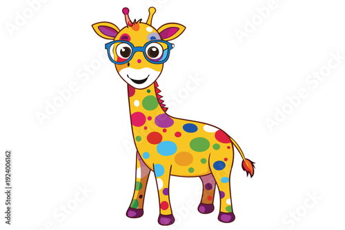 Colorful artistic giraffe in with eyeglasses colorful paint splatters on white background sate 