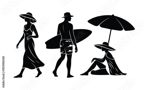 Black silhouettes of people on beach vacation with surfboard and umbrella summer leisure