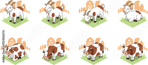 Isometric Farm Animal Vector Set with Cow and Goat