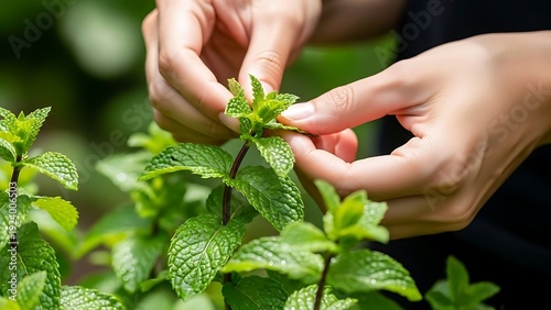 Hands picking fresh green mint leaves in organic garden for culinary uses