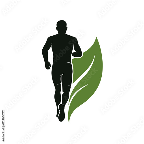 A black silhouette of a man running next to a green leaf on a white background