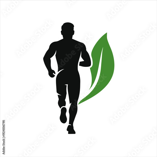 Silhouette of a man running with a green leaf, conveying a healthy and active lifestyle on a white background