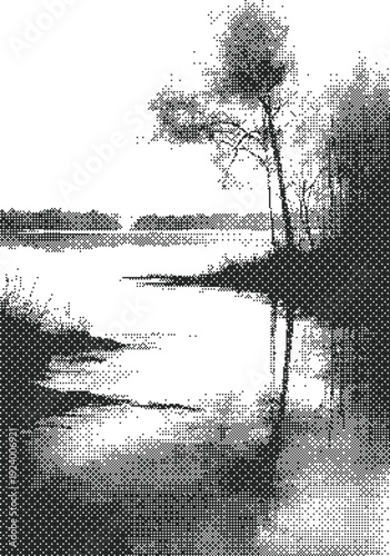 Tree halftone dither lakeside landscape illustration with calm water reflection and distant forest horizon