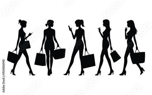 Silhouettes of five women walking with shopping bags and using phones in stylish high heels