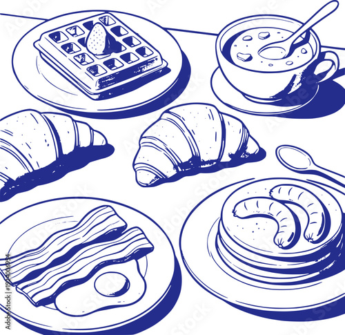 Breakfast plate with waffles croissants pancakes bacon