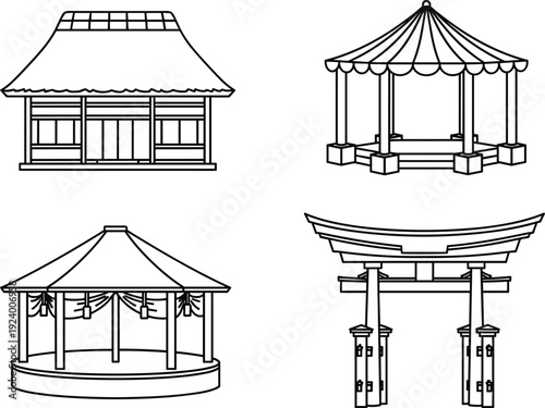 Traditional Asian architecture line icon set with temple, pavilion, gazebo and torii gate outline vector illustration