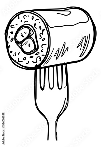 Sushi roll speared on fork