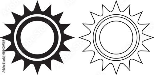 Vector illustration set of sun icons featuring a solid black silhouette and line outline design, ideal for summer weather, bright solar energy, and sunny climate symbols.