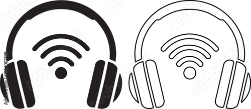 Vector illustration set of wireless headphone icons with a wifi signal featuring solid black silhouette and outline designs, perfect for audio streaming and music listening.