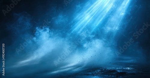 Dramatic underwater scene. Blue light beams penetrate murky depths, creating ethereal atmosphere. Bubbles rise from dark seabed.