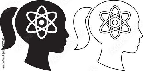 Vector illustration of a female head profile with an atom symbol in solid black silhouette and outline designs, ideal for women in science, STEM education, and intelligent mind concepts.
