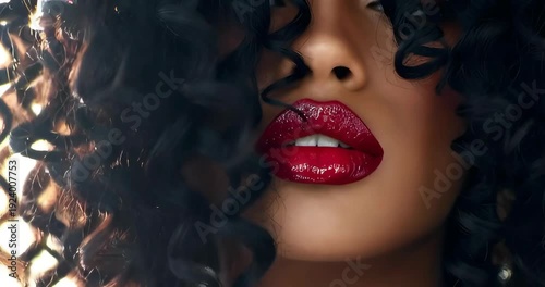 Close up of African American woman with curly hair and glossy red lipstick puckering lips, beauty makeup studio shot, cinematic slow motion video footage