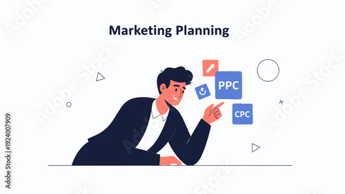 Man planning marketing strategy with PPC and CPC icons, business concept