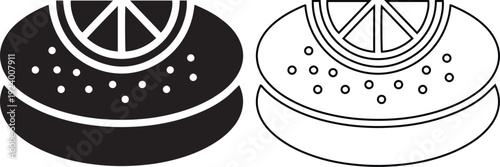 Vector illustration set of citrus tart icons featuring a solid black silhouette and outline design with a lemon slice, ideal for a sweet bakery menu or delicious dessert pastry symbol.