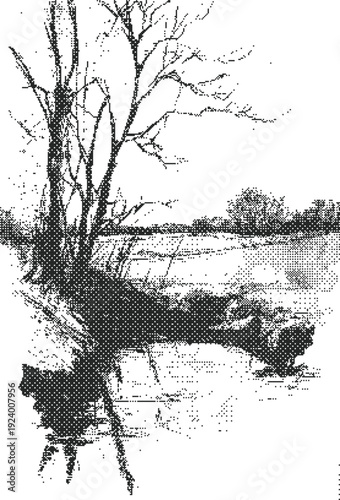 Tree halftone dither lakeside illustration with bare branches and calm water reflection