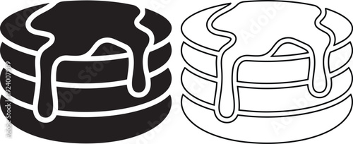 Vector illustration set of stacked pancake icons featuring a solid black silhouette and line outline design with dripping syrup, perfect for a breakfast food menu or sweet dessert symbol.
