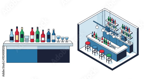 Isometric illustration of a wine bar with bottles and seating