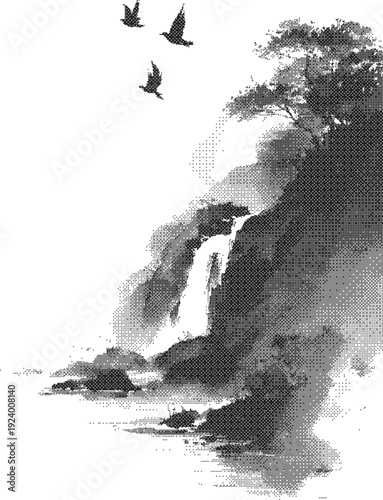Waterfall halftone dither rocky cliff cascade illustration with birds over forest valley