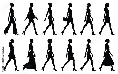 Silhouettes of women walking in various poses and dresses on white background black vector illustrations for fashion and design use